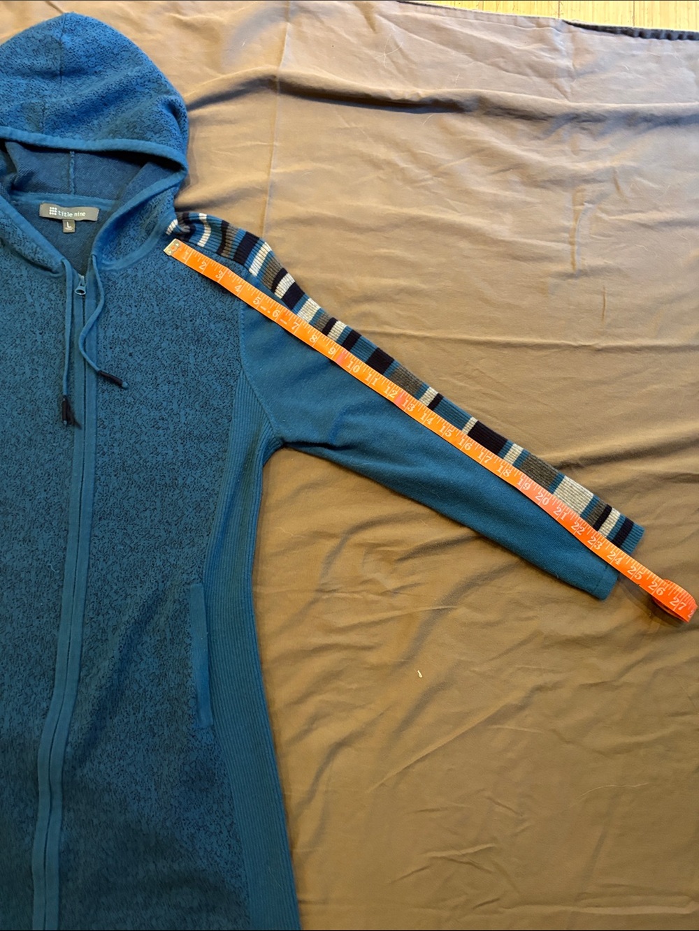 Title Nine Teal Hooded Zip Cardigan with Striped Sleeve Detail - Picture 4 of 6